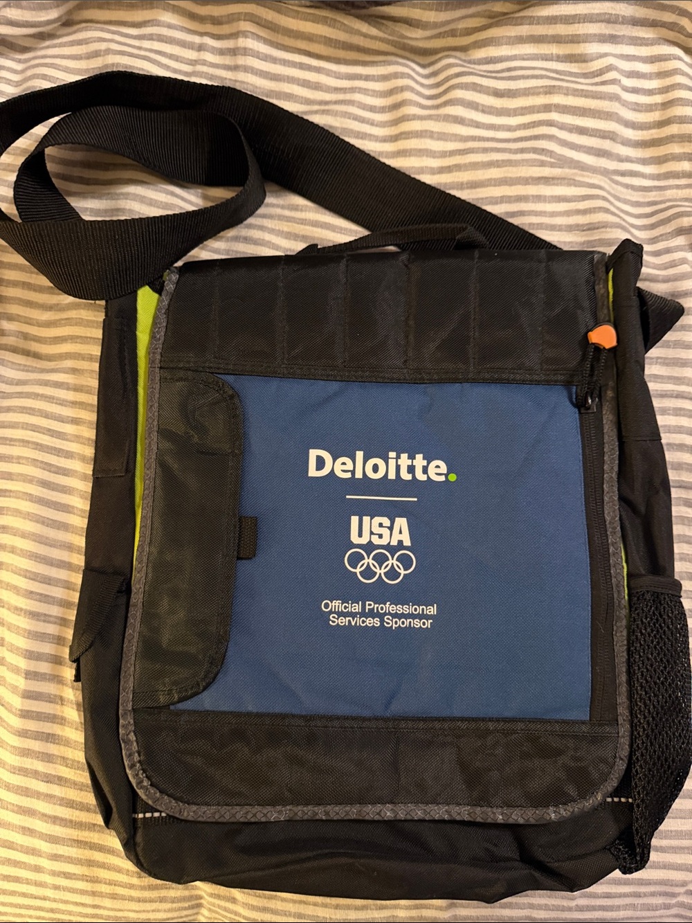 Deloitte USA Olympic sponsor Blue and Black Messenger Crossbody Bag